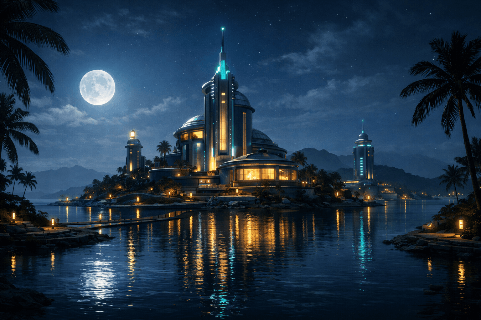Night view of a Tropical Robots archive island with glowing towers.
